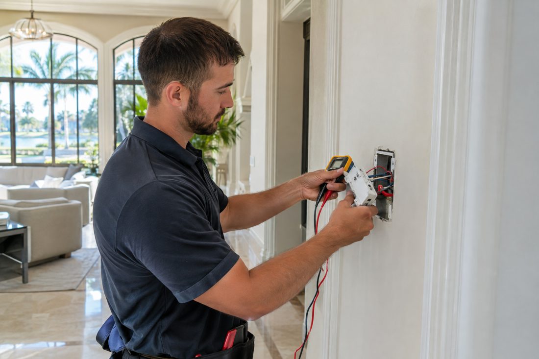 A technician testing a thermostat wiring at the wall at a large Mediterranean-style home in Palm Beach Gardens, FL