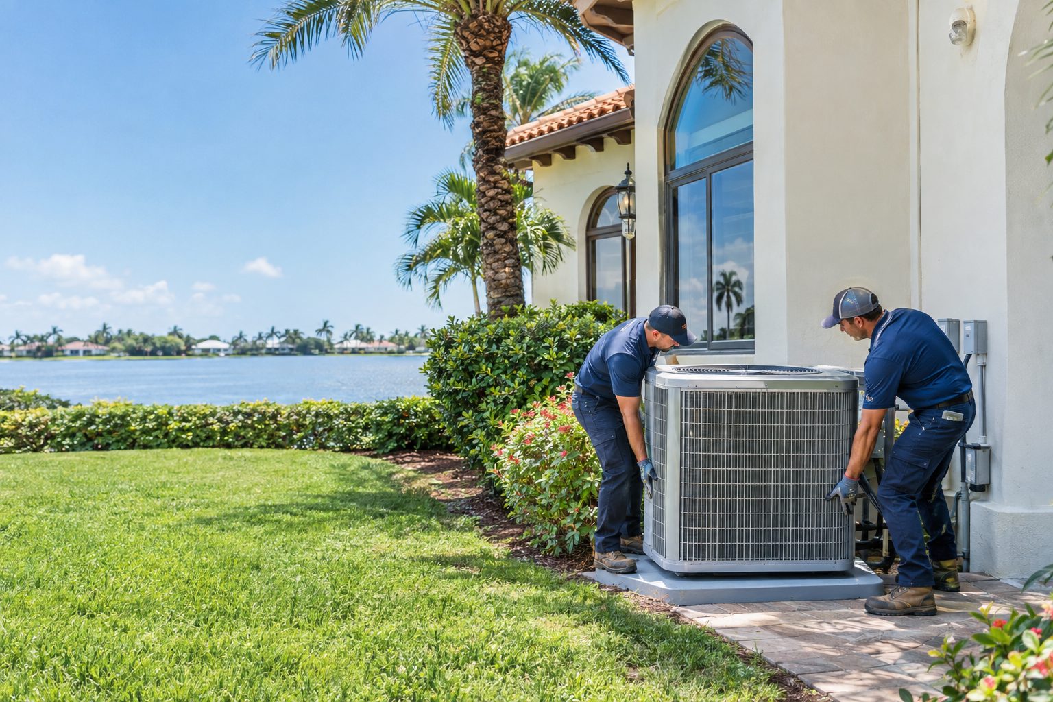 Two technicians setting a new condenser on its pad at a large Mediterranean-style home in Palm Beach Gardens, FL