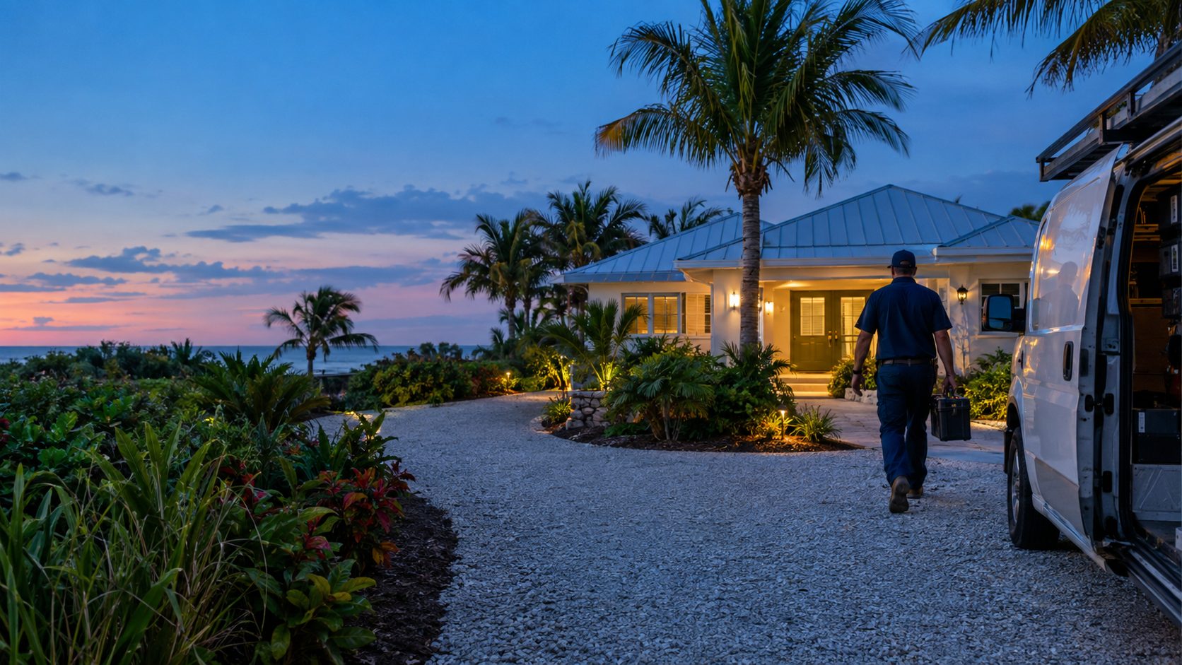 A technician walking from his van with a toolbox toward the house at a single-story beach cottage with a shell driveway in Juno Beach, FL
